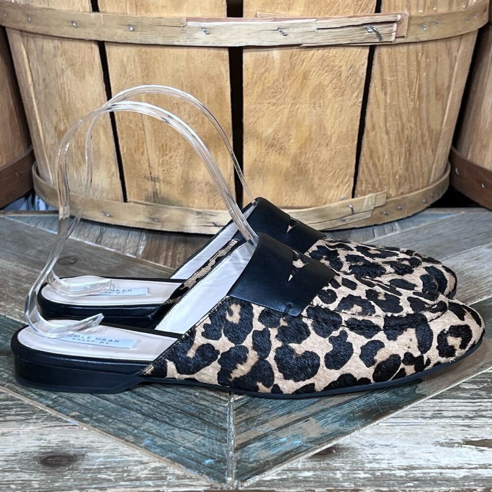 Cole Haan Evie Piper Leopard Print Calf Skin Leather Slides Mules Women Size 6.5